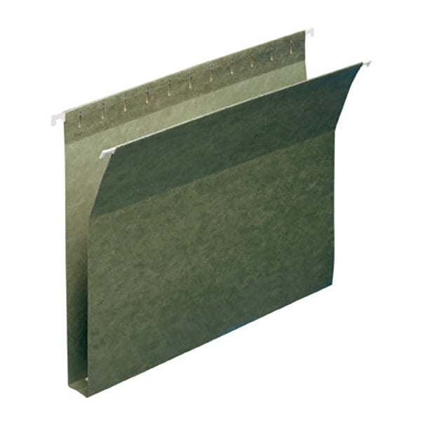 A green Smead box bottom hanging file folder with metal clips.