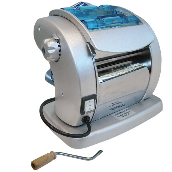 An Imperia Pasta Presto machine with a silver and blue handle.