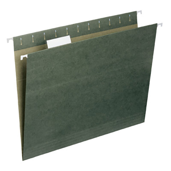 A close-up of a green Smead hanging file folder with a white label.