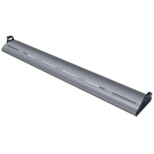 A long metal curved display light with a long rectangular shape and holes in it.