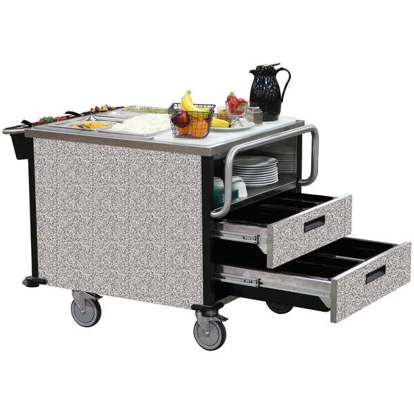 A Lakeside gray dining room meal serving system with two heated wells on a food cart with a tray of food.