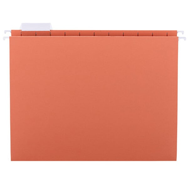 A Smead file folder with an orange background and white repositionable poly tab.