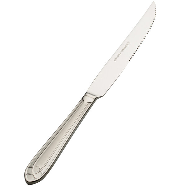 A Bon Chef stainless steel steak knife with a solid handle.