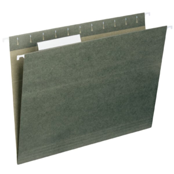 A Smead file folder with a white label on a green surface.