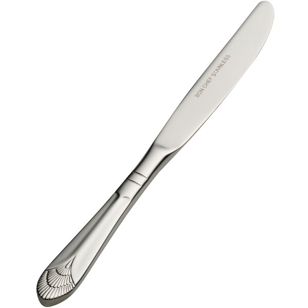 A Bon Chef stainless steel butter knife with a design on the handle.