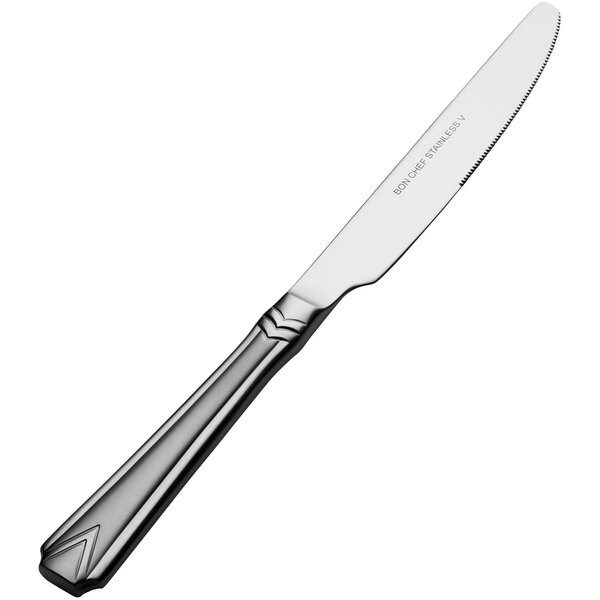 A Bon Chef stainless steel dessert knife with a silver handle and black blade.