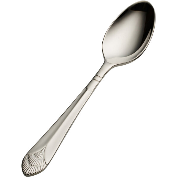 A close-up of a silver Bon Chef demitasse spoon with a handle.