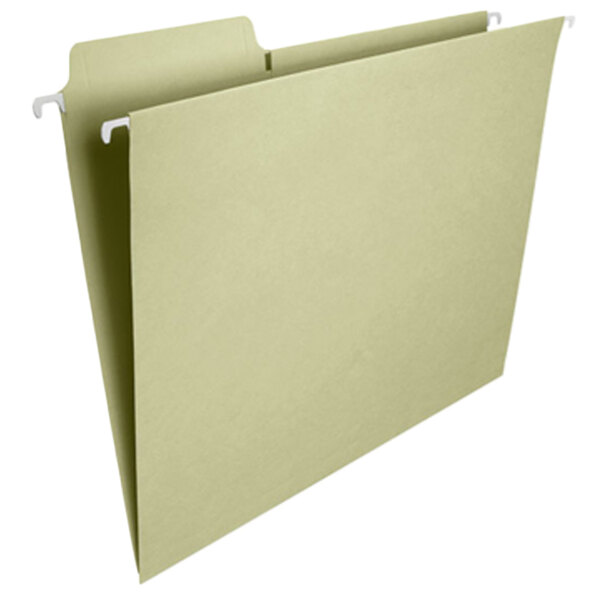 A close-up of a Smead green FasTab hanging file folder.