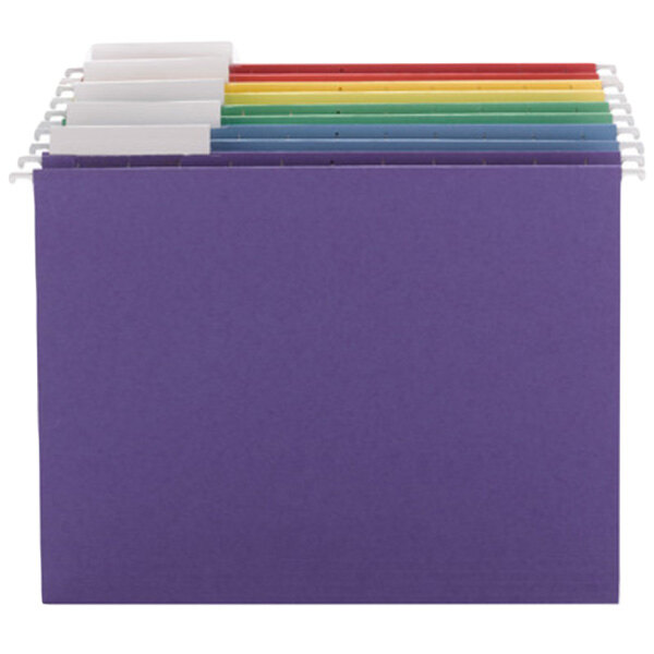A Smead letter size hanging file folder with several colored folders inside.