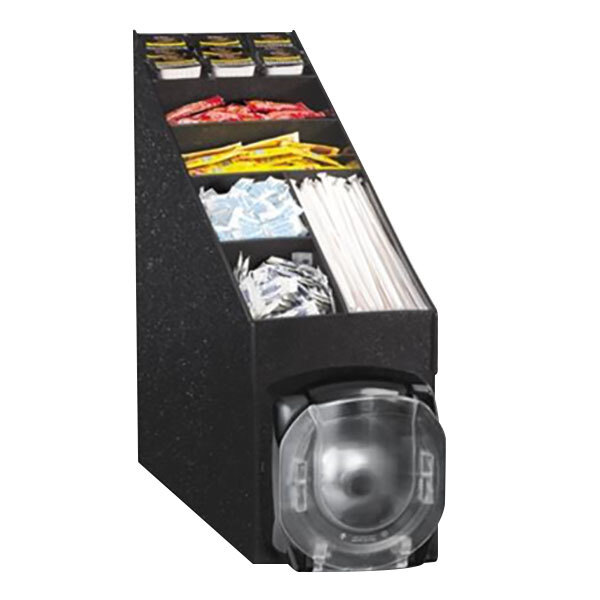 A black Vollrath countertop dispenser with a clear lid and condiment organizer inside.