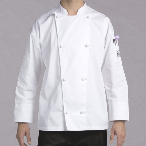 A man wearing a white Chef Revival long sleeve chef jacket.