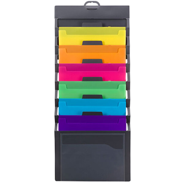 A gray Smead plastic wall organizer with colorful files cascading down.