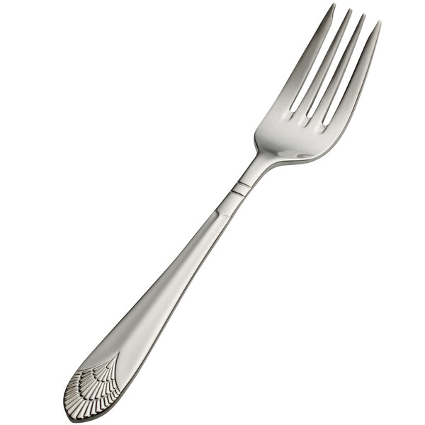 A Bon Chef stainless steel salad/dessert fork with a silver handle and plate, with a design on the handle.