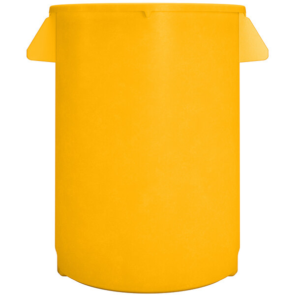 A yellow plastic Carlisle Bronco trash can with a white lid.