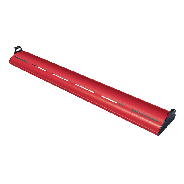 A red metal Hatco curved display light with black ends and holes along the beam.