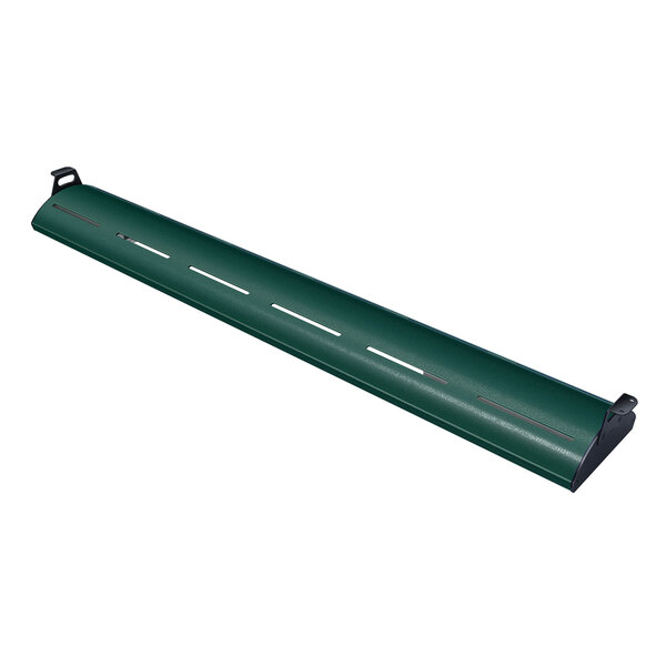 A long green curved metal display light with white lines on the side.