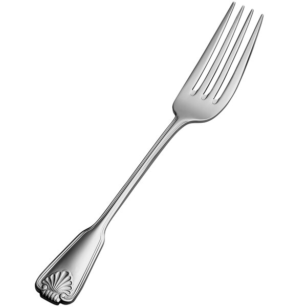 A Bon Chef stainless steel dinner fork with a shell design on the handle.