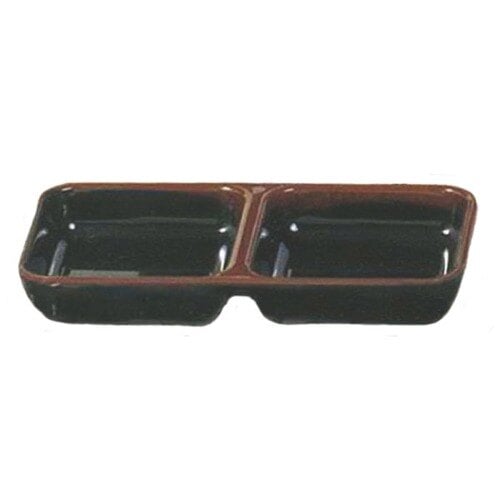 A black rectangular Thunder Group sauce dish with two compartments.