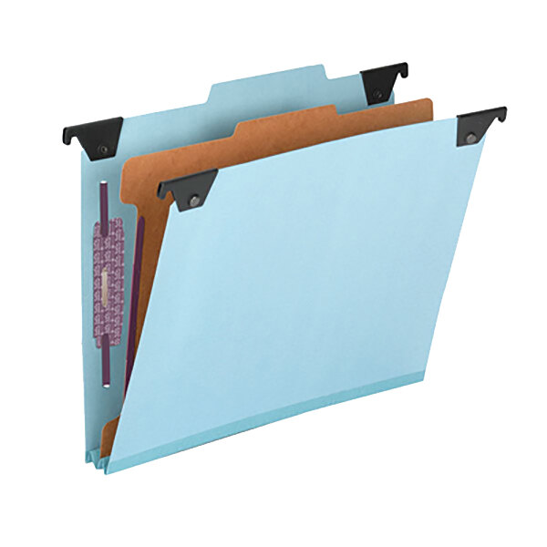 A blue Smead FasTab file folder with brown and purple file folders inside.