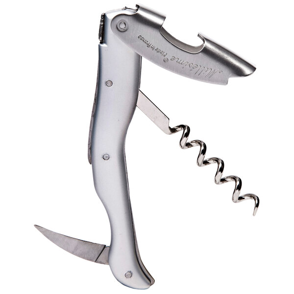 A silver and black Laguiole corkscrew with a knife.