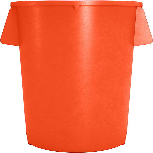 An orange Carlisle 44 gallon plastic trash can with two handles and a lid.