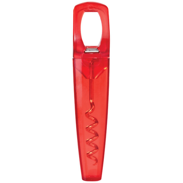 A Franmara translucent red plastic corkscrew and bottle opener with a spiral handle.
