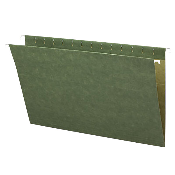 A row of green Smead legal size hanging file folders.