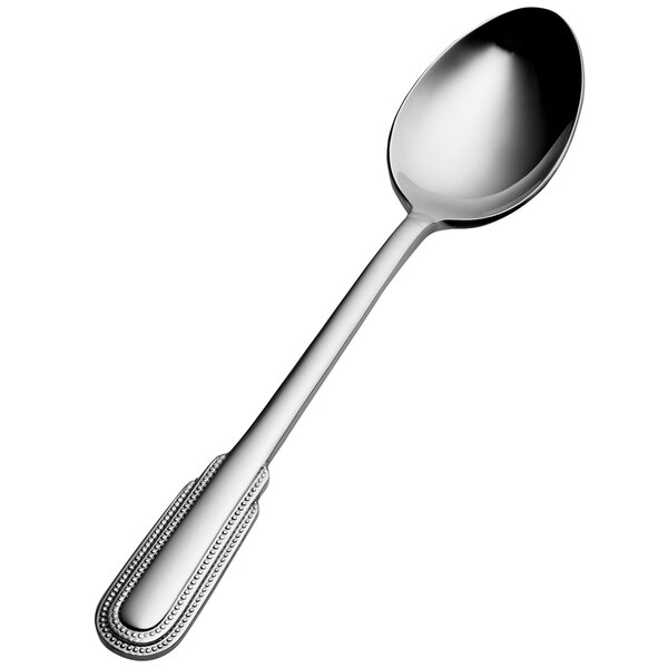 A Bon Chef stainless steel teaspoon with an Empire design on the handle.