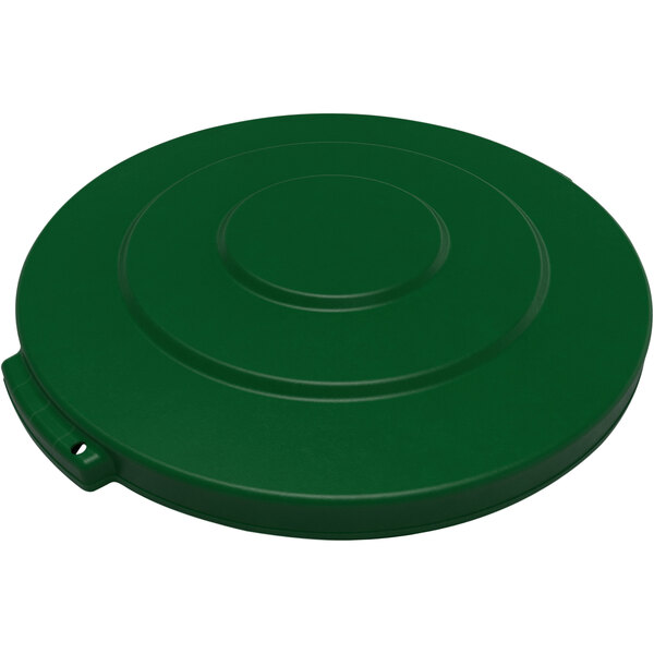 A green plastic Carlisle Bronco trash can lid with a handle.
