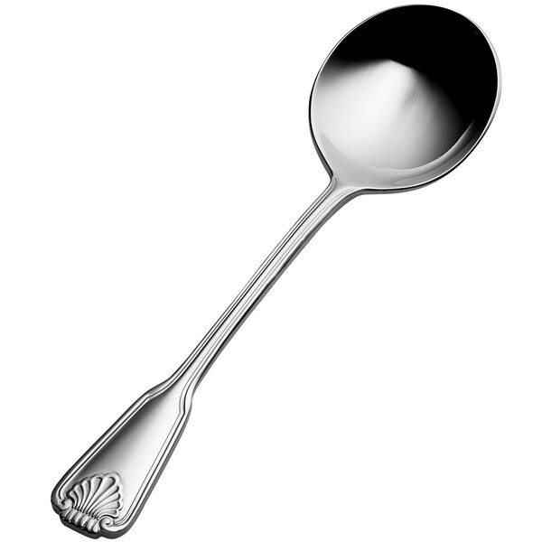 A close-up of a Bon Chef stainless steel bouillon spoon with a shell design on the handle.