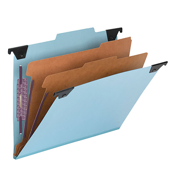 A blue Smead FasTab file folder with brown and tan files inside.