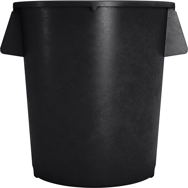 A black Carlisle Bronco round plastic trash can with two handles.