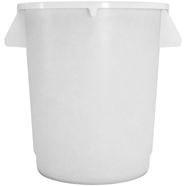 A white plastic Carlisle Bronco round trash can with handles.