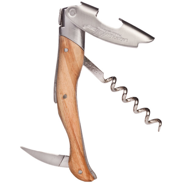 A Laguiole corkscrew with a genuine olivewood handle.