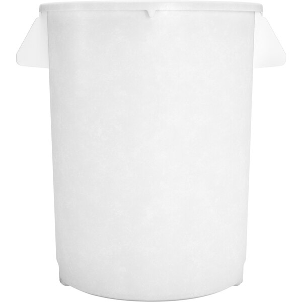 A white plastic Carlisle Bronco trash can with handles.