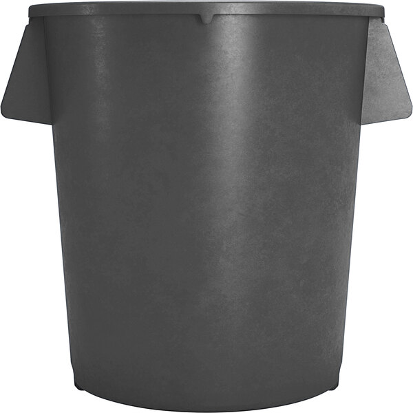 A gray Carlisle Bronco trash can with two handles and a lid.
