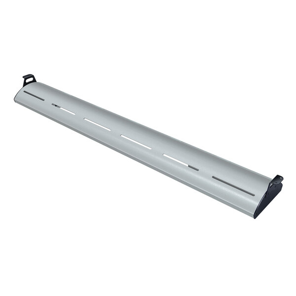 An anodized silver metal beam with holes.