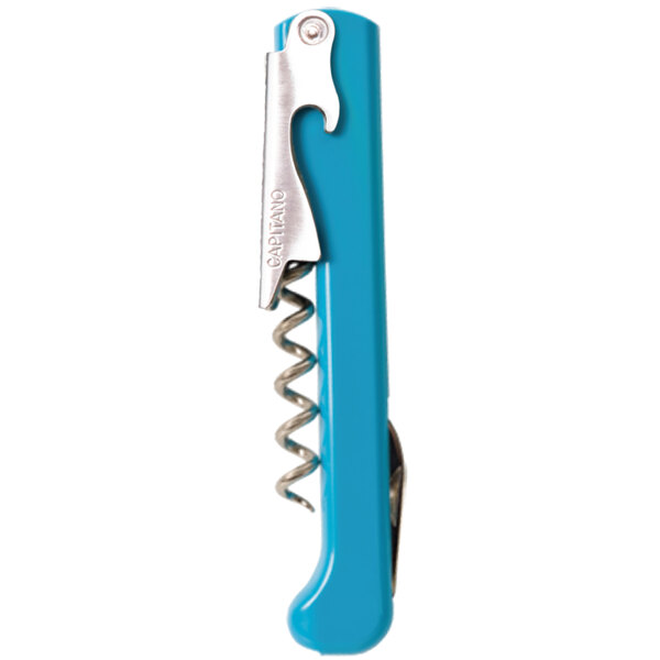 A Franmara Capitano corkscrew with a turquoise and silver handle with a corkscrew and knife.