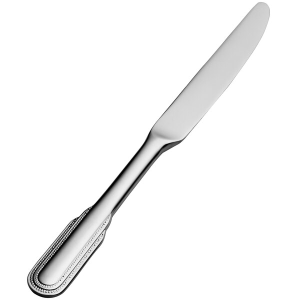 A close-up of a silver Bon Chef butter knife with a solid handle.