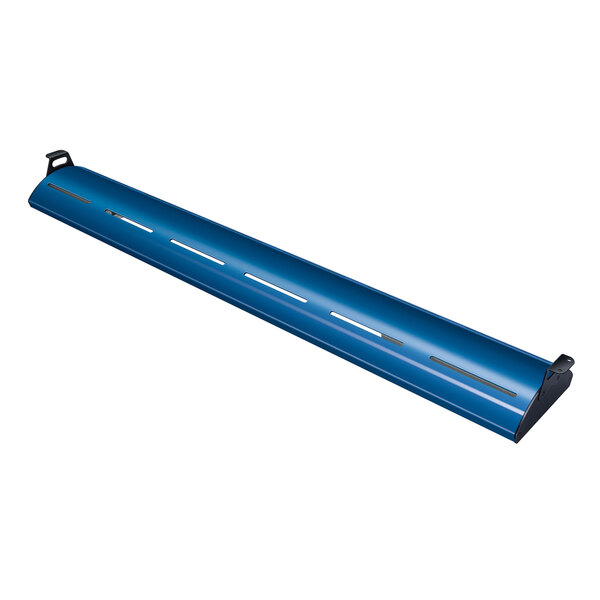 A blue metal curved tube with holes and black handles on the ends.