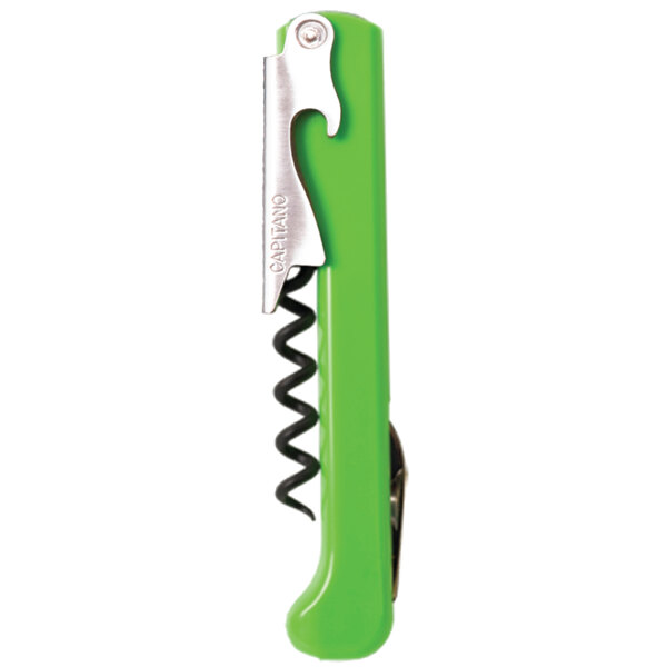 A green and white Franmara Capitano waiter's corkscrew with a metal knife.