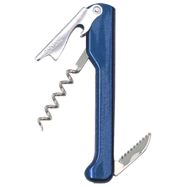 A Franmara Capitano customizable waiter's corkscrew with a blue and silver multi tool with a knife.