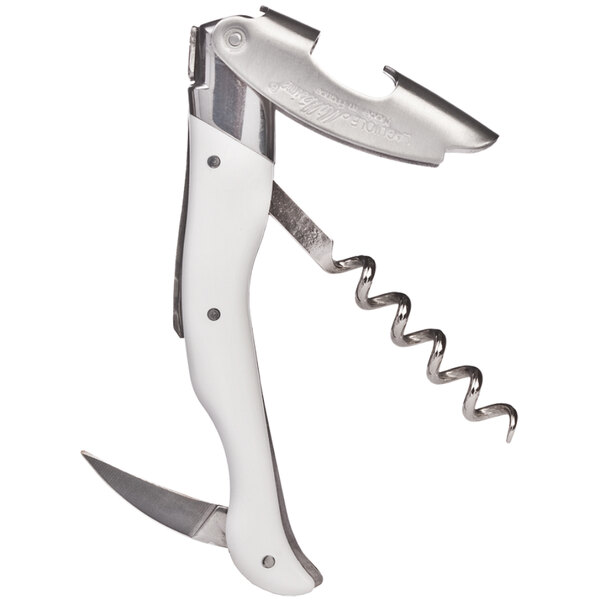 A white and silver Laguiole corkscrew with white horn handle.