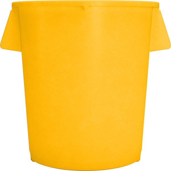 A yellow Carlisle Bronco trash can with two handles.