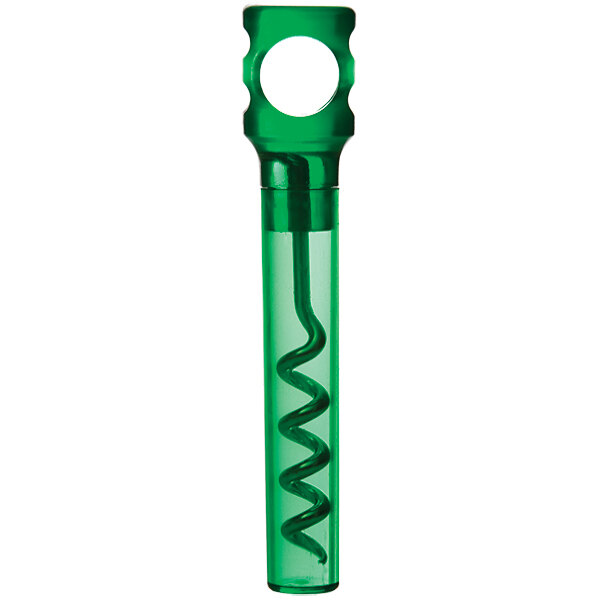 A translucent green plastic pocket corkscrew with a spiral on top.