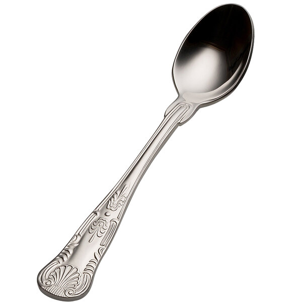 A silver Bon Chef demitasse spoon with a design on the handle.