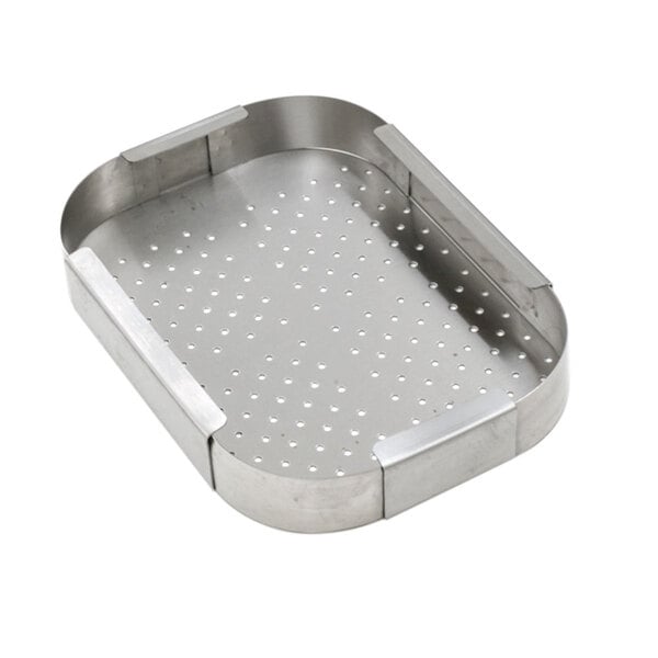 A stainless steel Eagle Group pre-rinse scrap basket with holes in it.