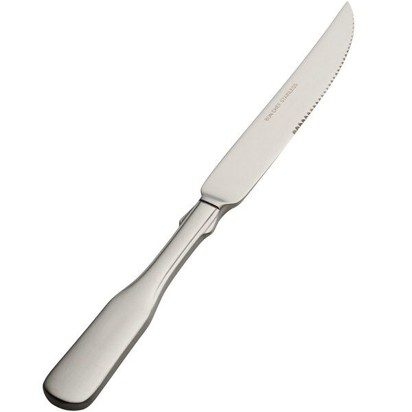 A Bon Chef stainless steel European size steak knife with a solid silver handle.