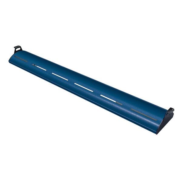 A navy blue metal beam with white lighting.