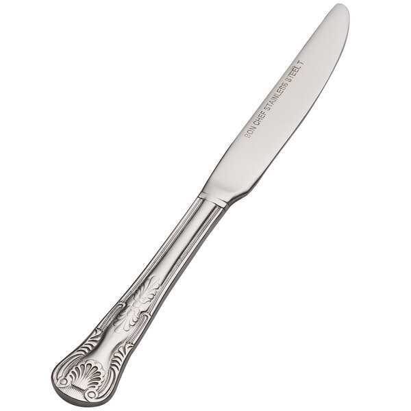 A silver Bon Chef European size solid handle butter knife.